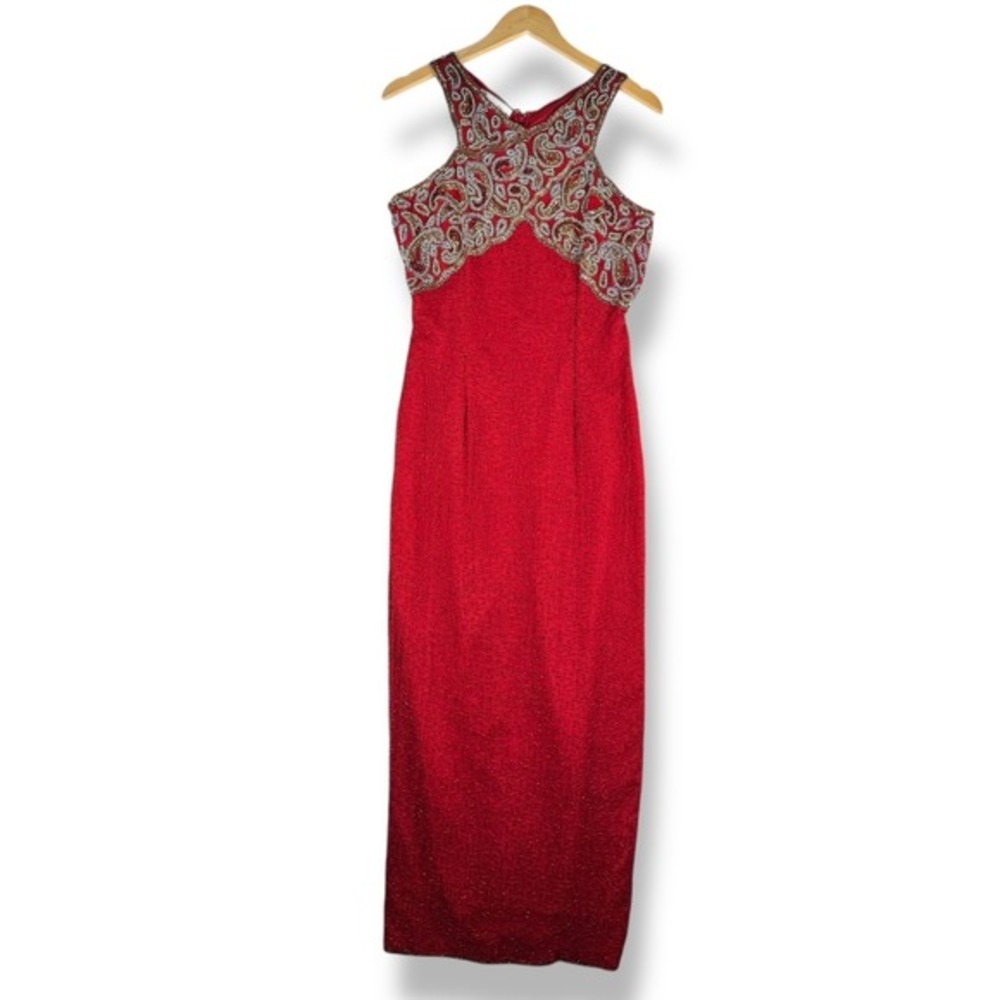 Laurence Kazar Red Beaded Silk Dress Size Medium Glam Formal Maxi Gala VTG Y2K